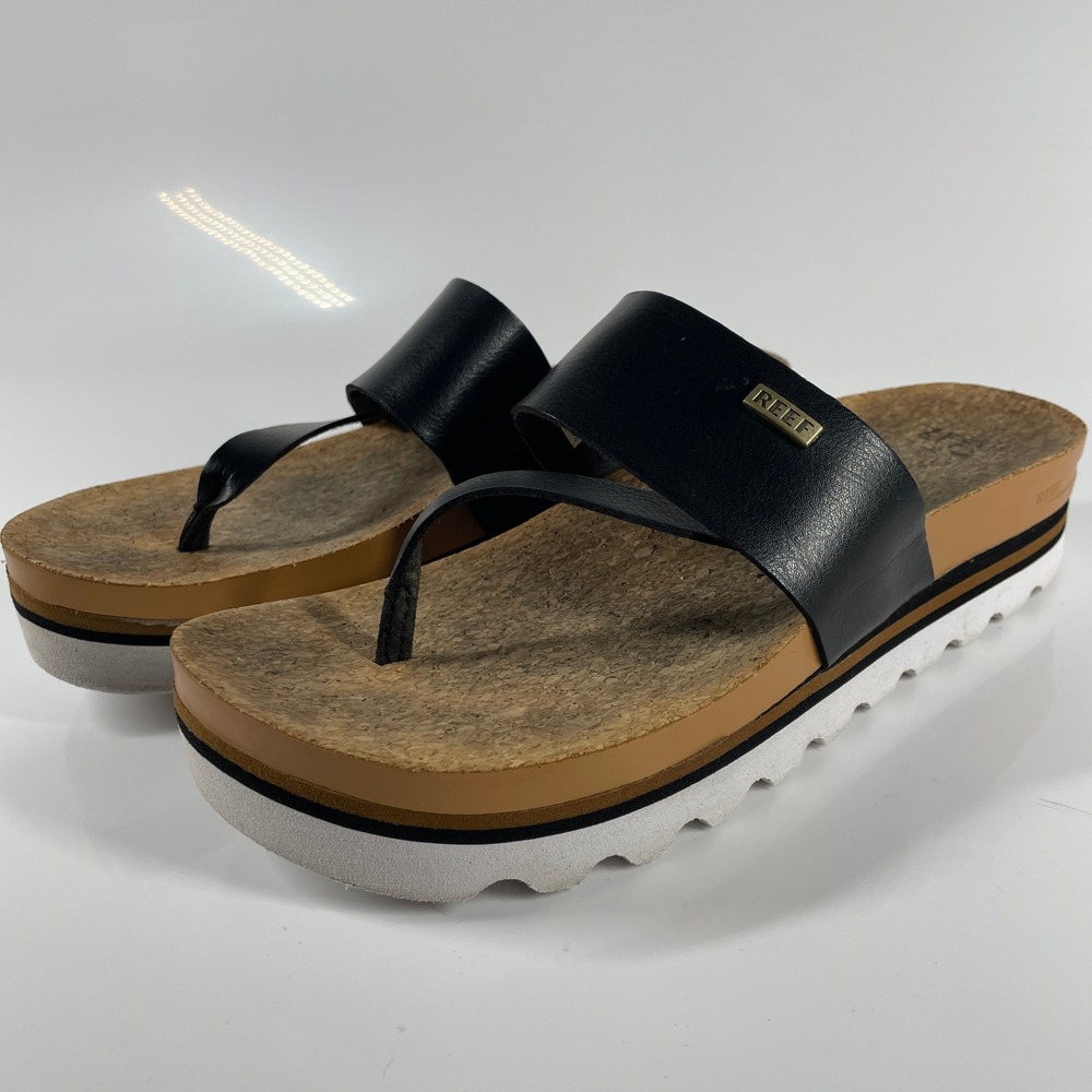 Sz 8 Reef Cushion Sol Hi Black Platform Sandals Womens Cork Footbed Toe Cute